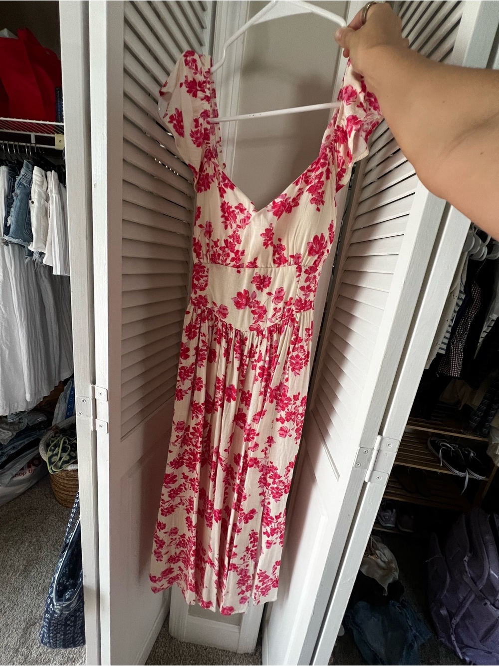 Cream Midi Dress with Pink Floral Print